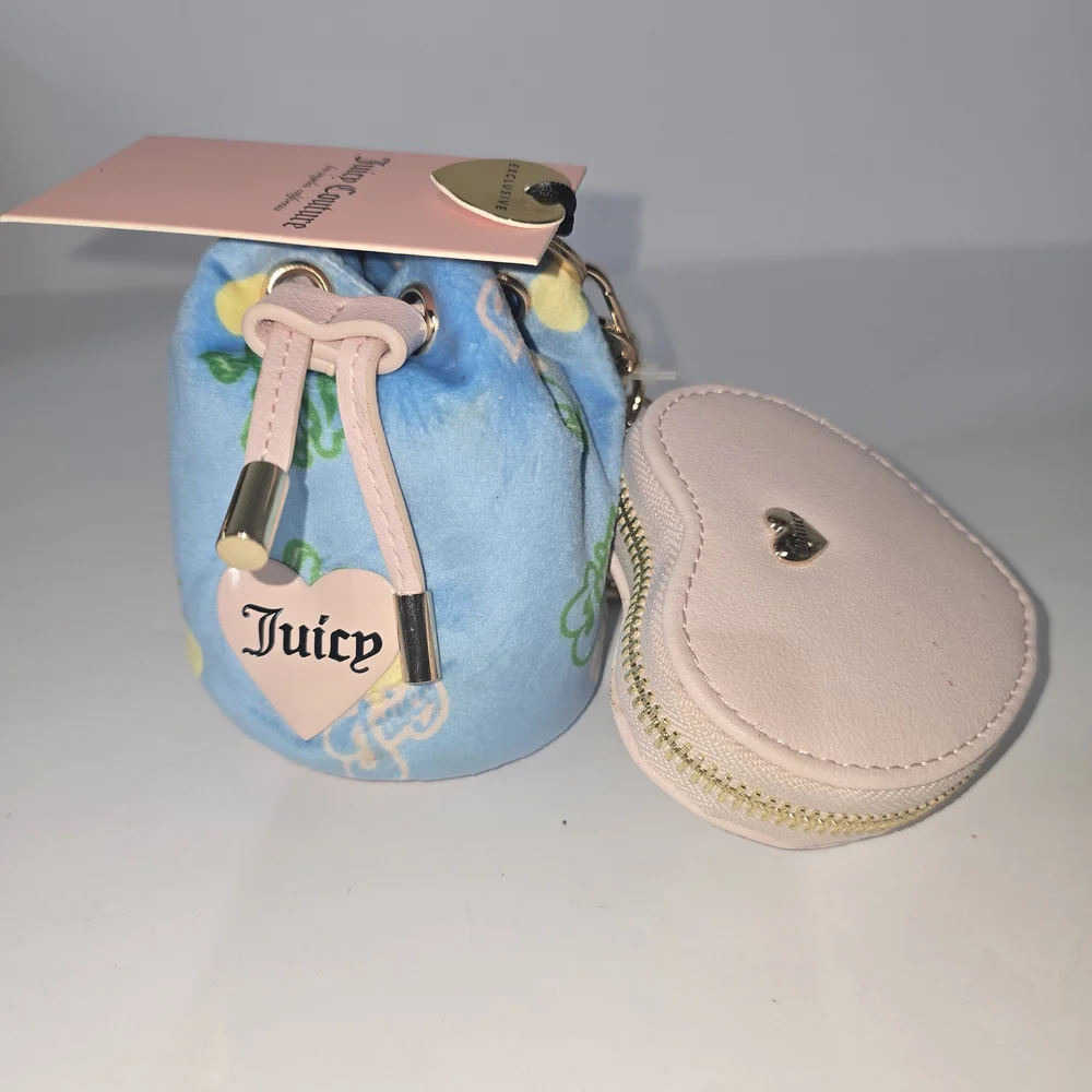 Juicy Couture Pink Heart Coin Pouch with Blue Floral Drawstring Bag